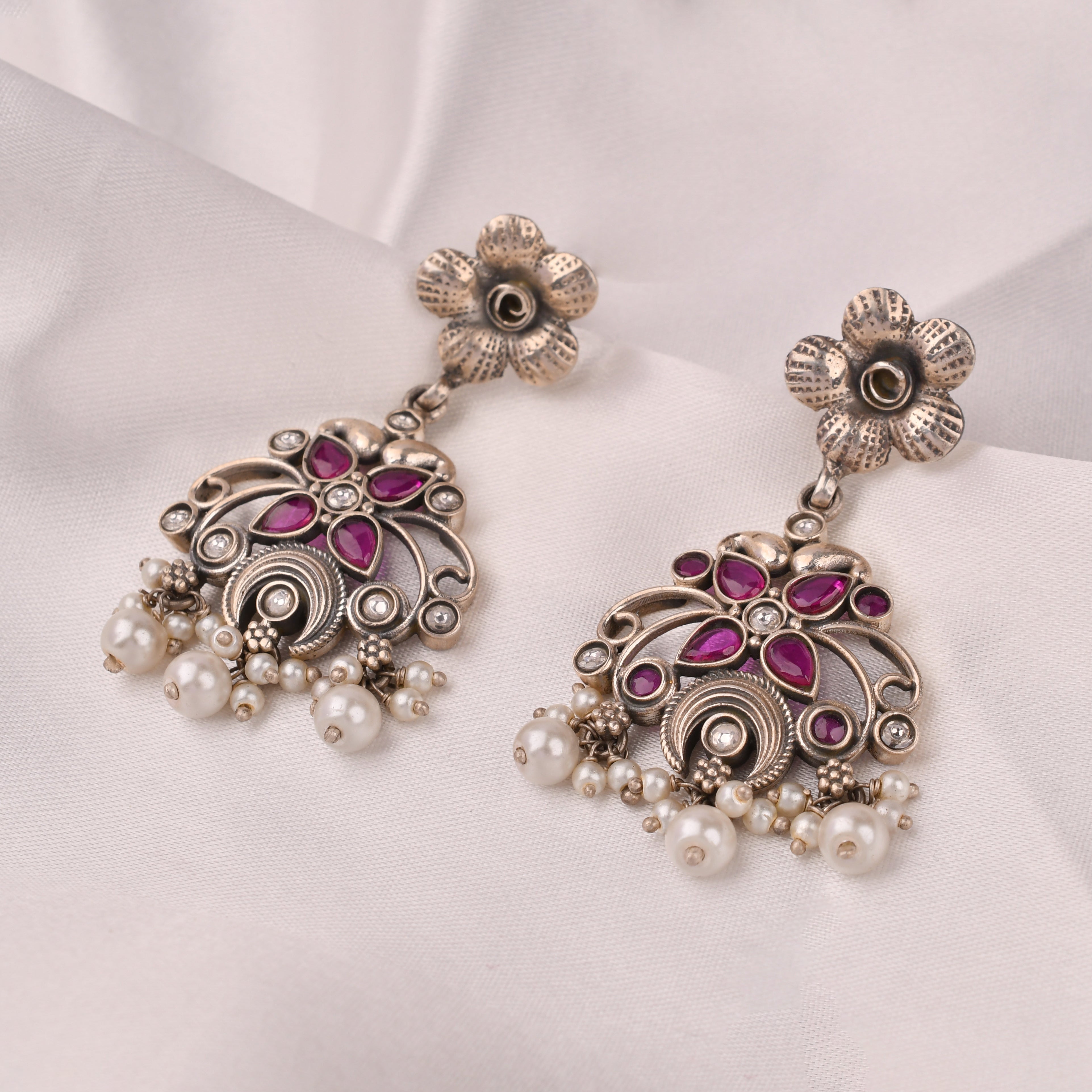 Floral Pink Stone Pearl Earrings