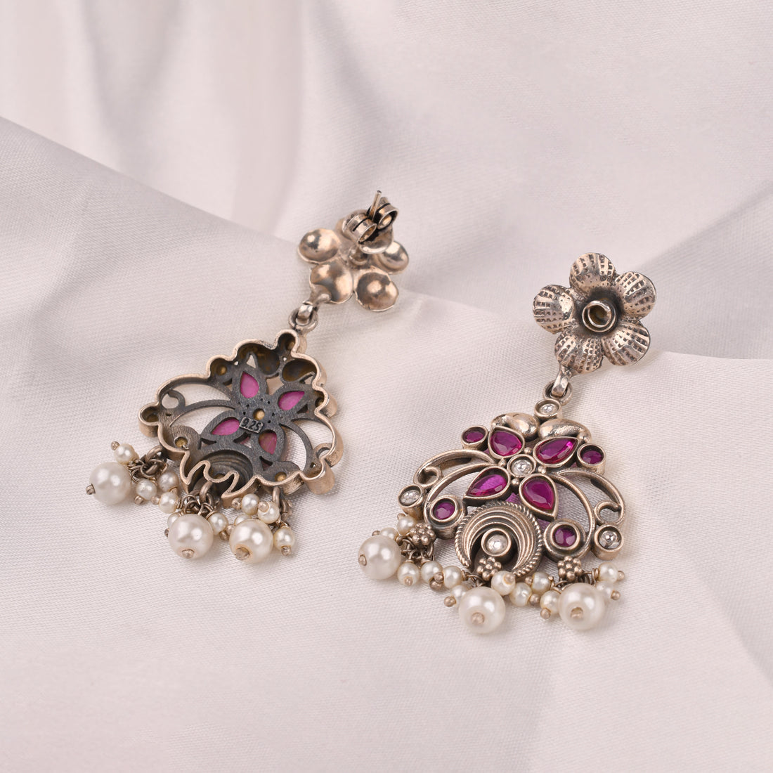 Floral Pink Stone Pearl Earrings