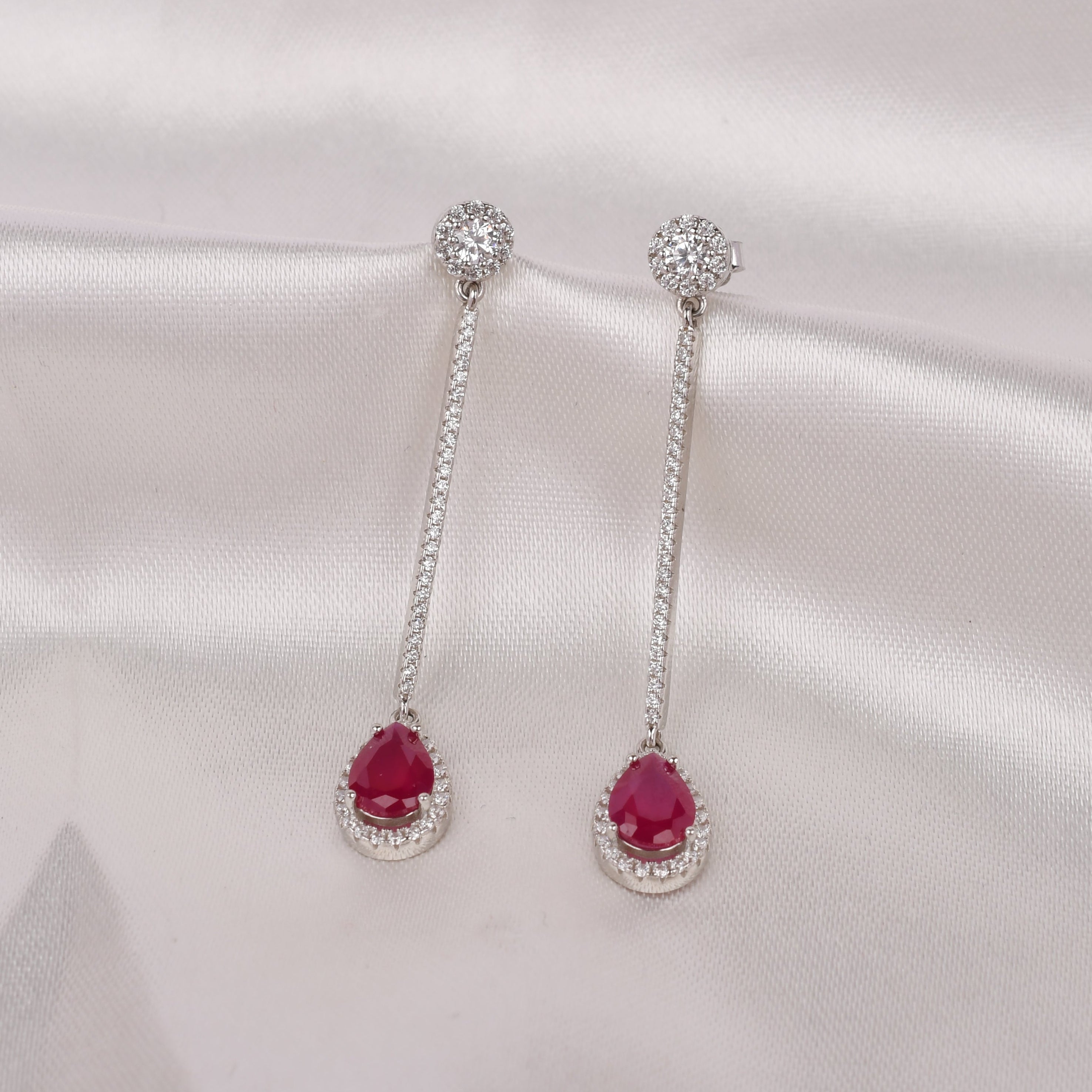 Crimson Drop Line Sterling Silver Earrings