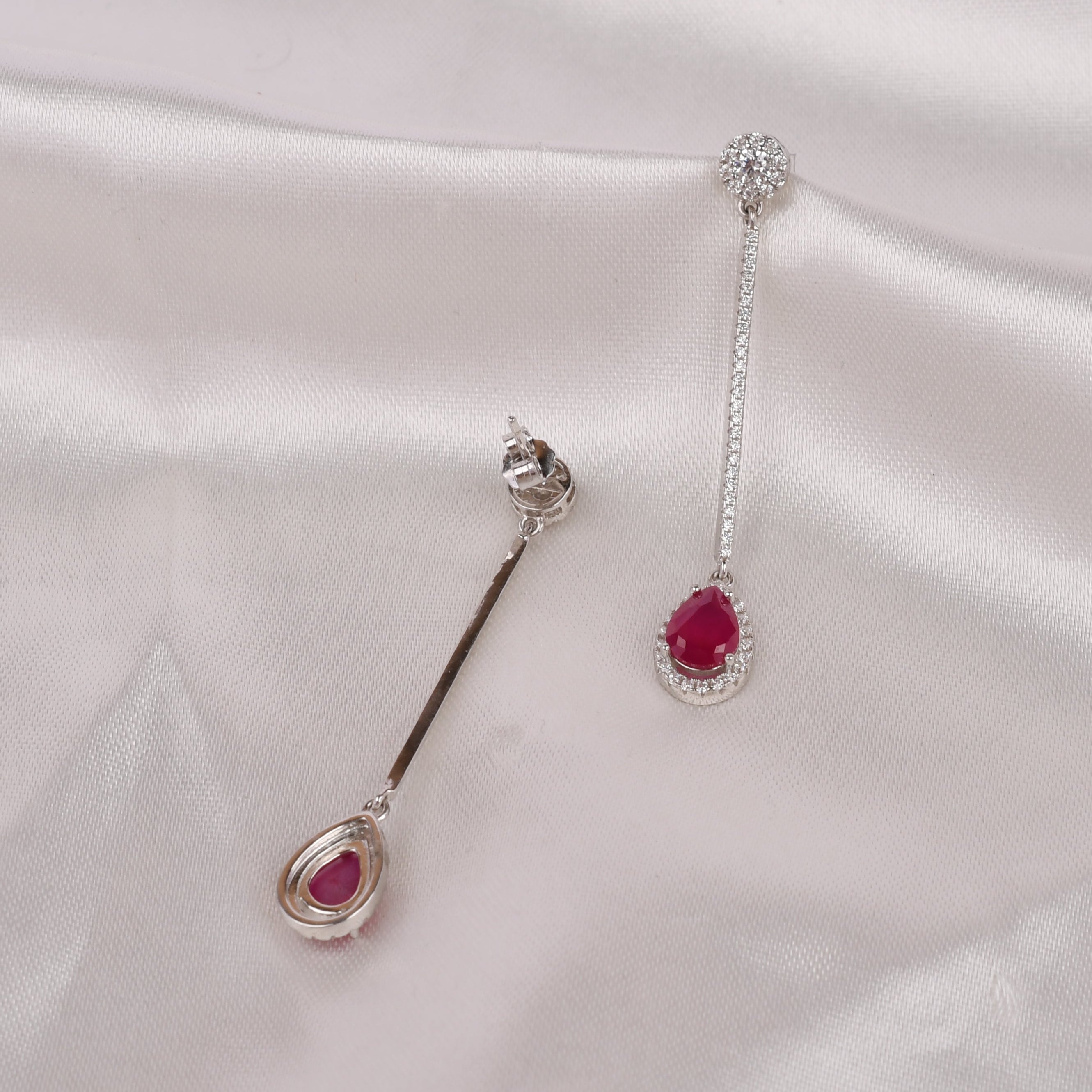 Crimson Drop Line Sterling Silver Earrings