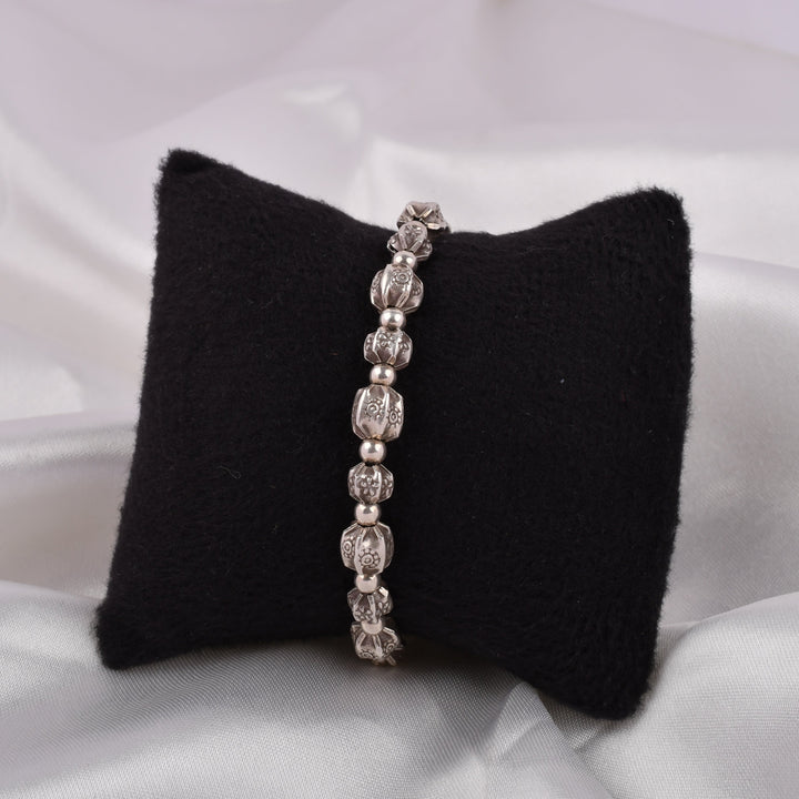 Engraved Bead Silver Bracelet