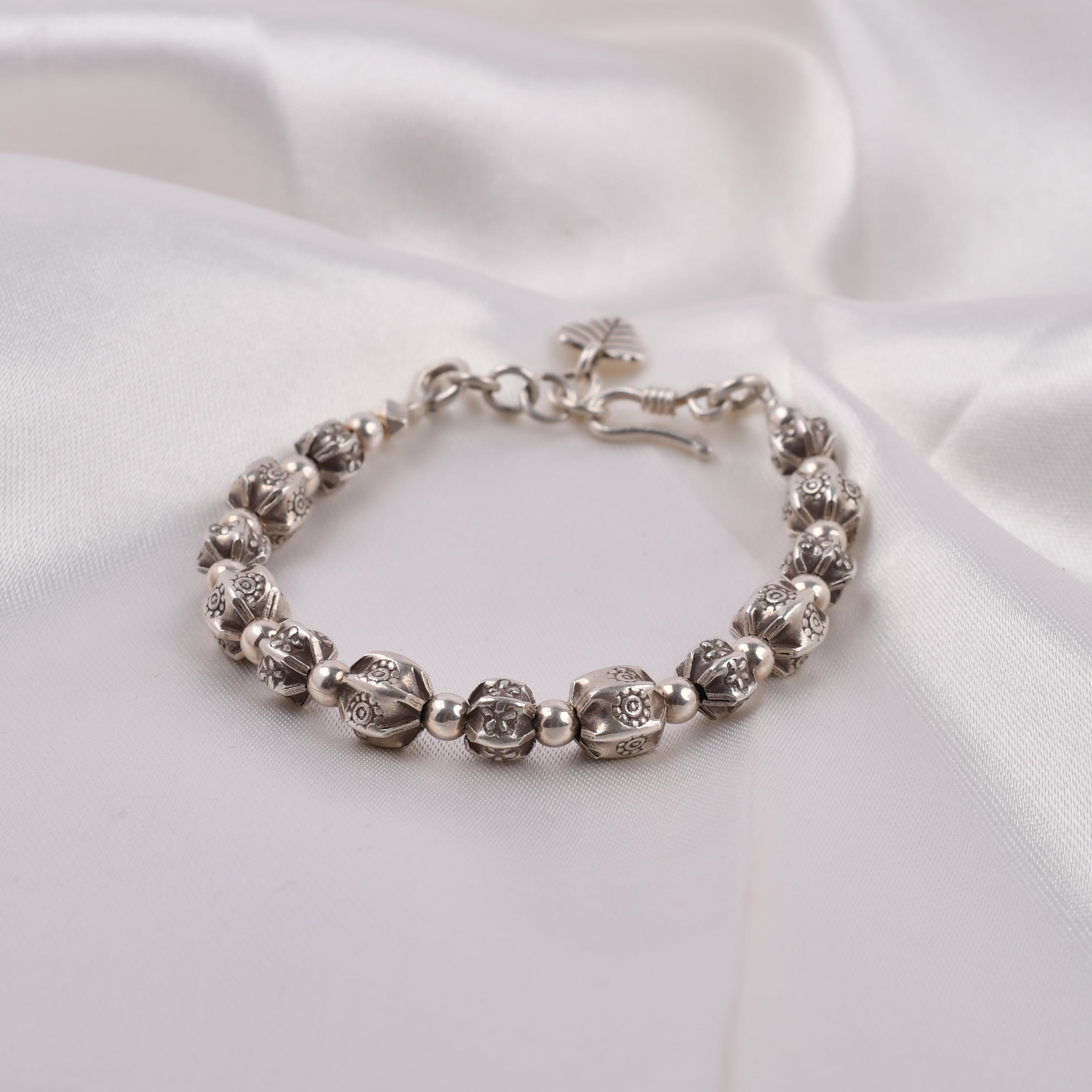 Engraved Bead Silver Bracelet