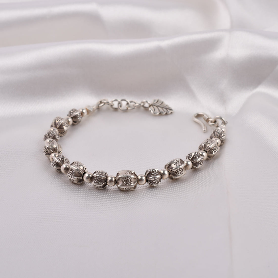Engraved Bead Silver Bracelet