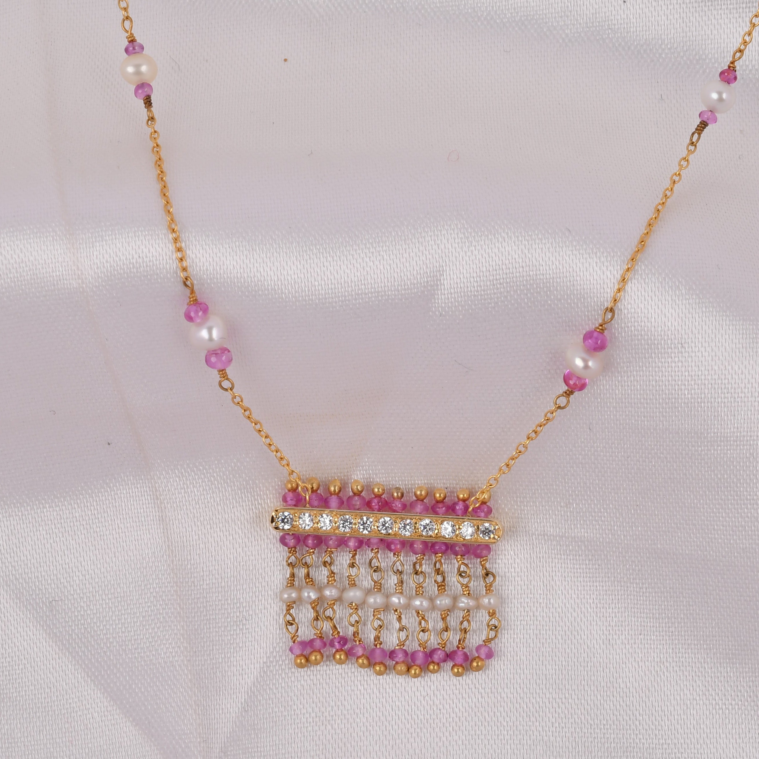 Pink Pearl Fringe Pendant with Chain