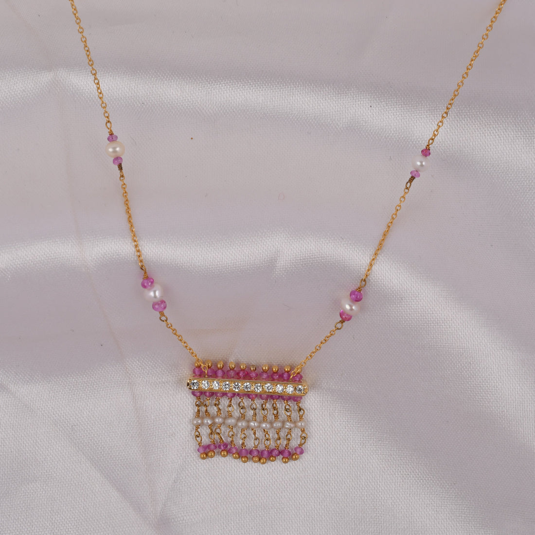Pink Pearl Fringe Pendant with Chain