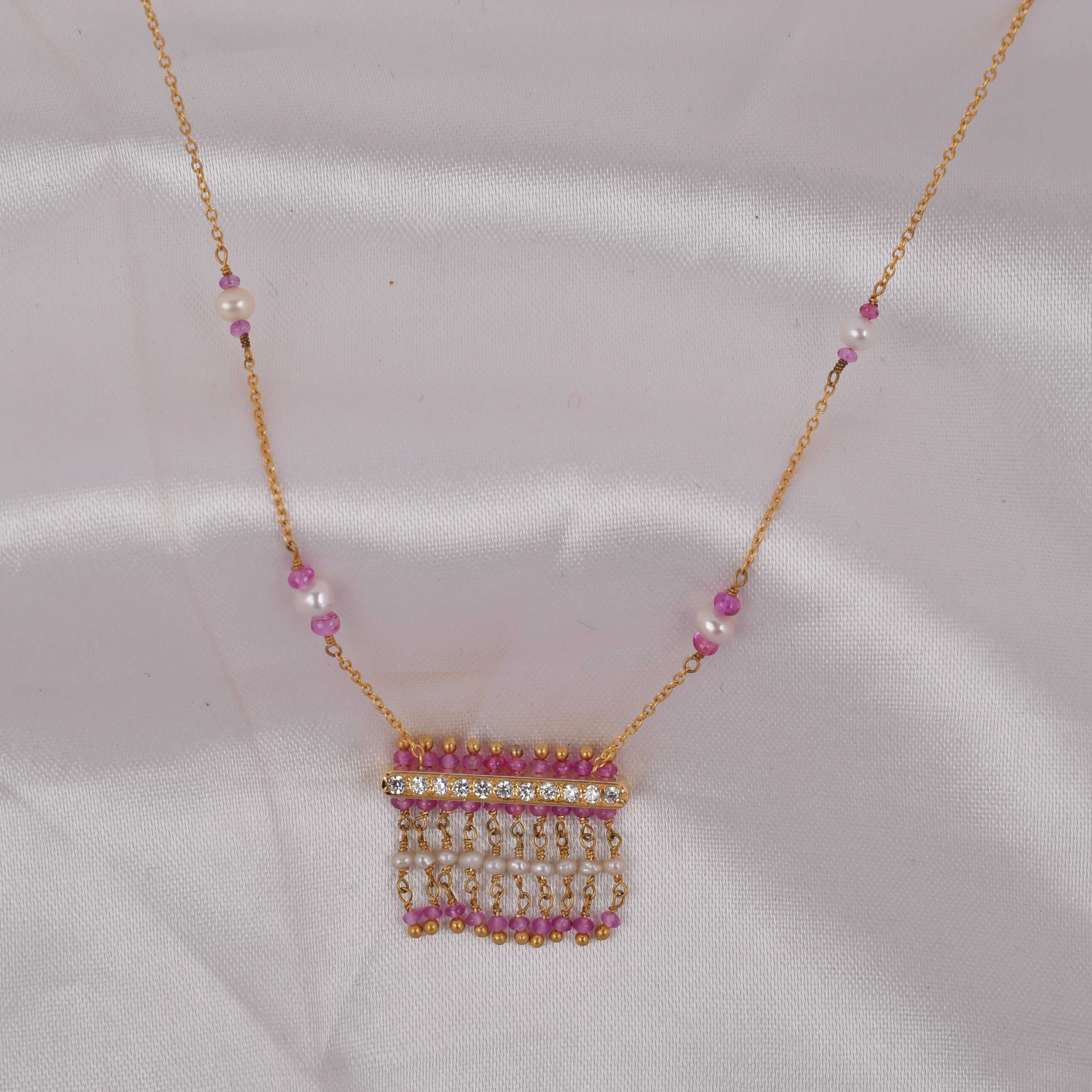 Pink Pearl Fringe Pendant with Chain