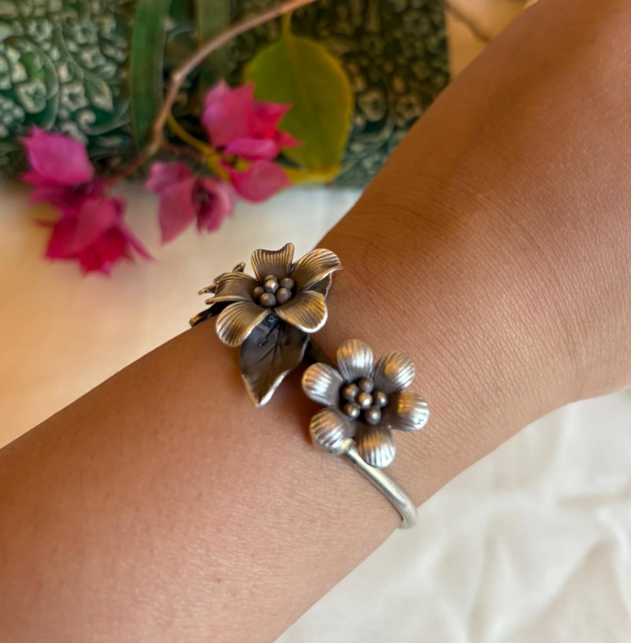 Floral Bloom 925 Silver Cuff Bracelet