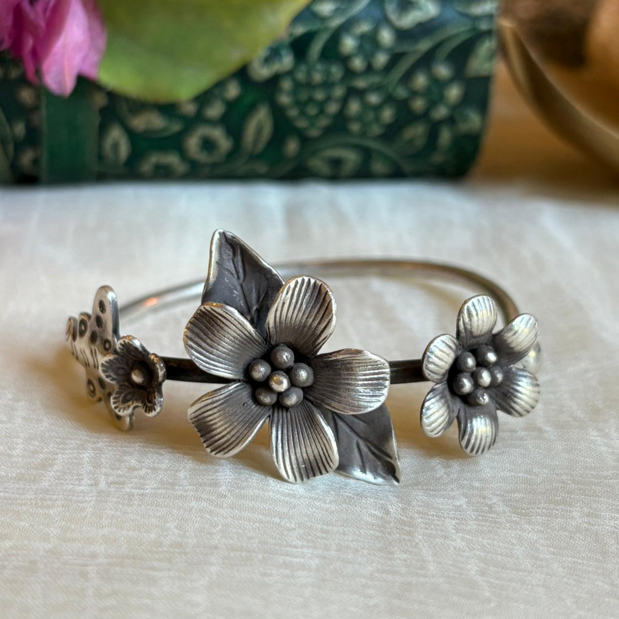 Floral Bloom 925 Silver Cuff Bracelet