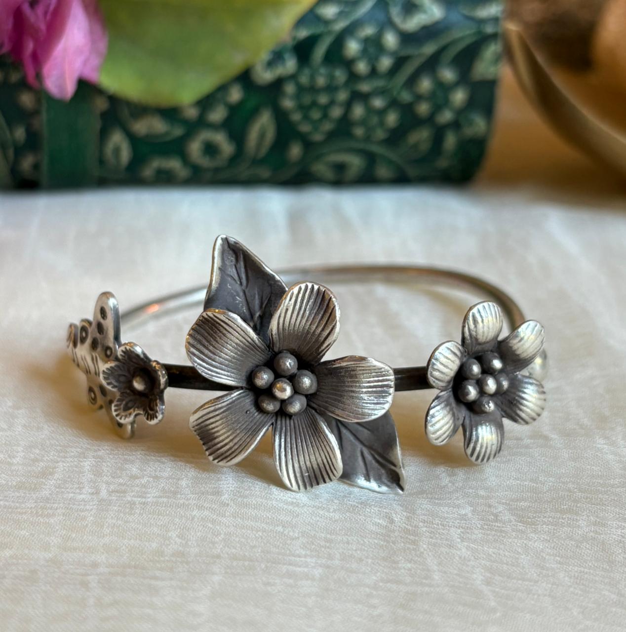 Floral Bloom 925 Silver Cuff Bracelet