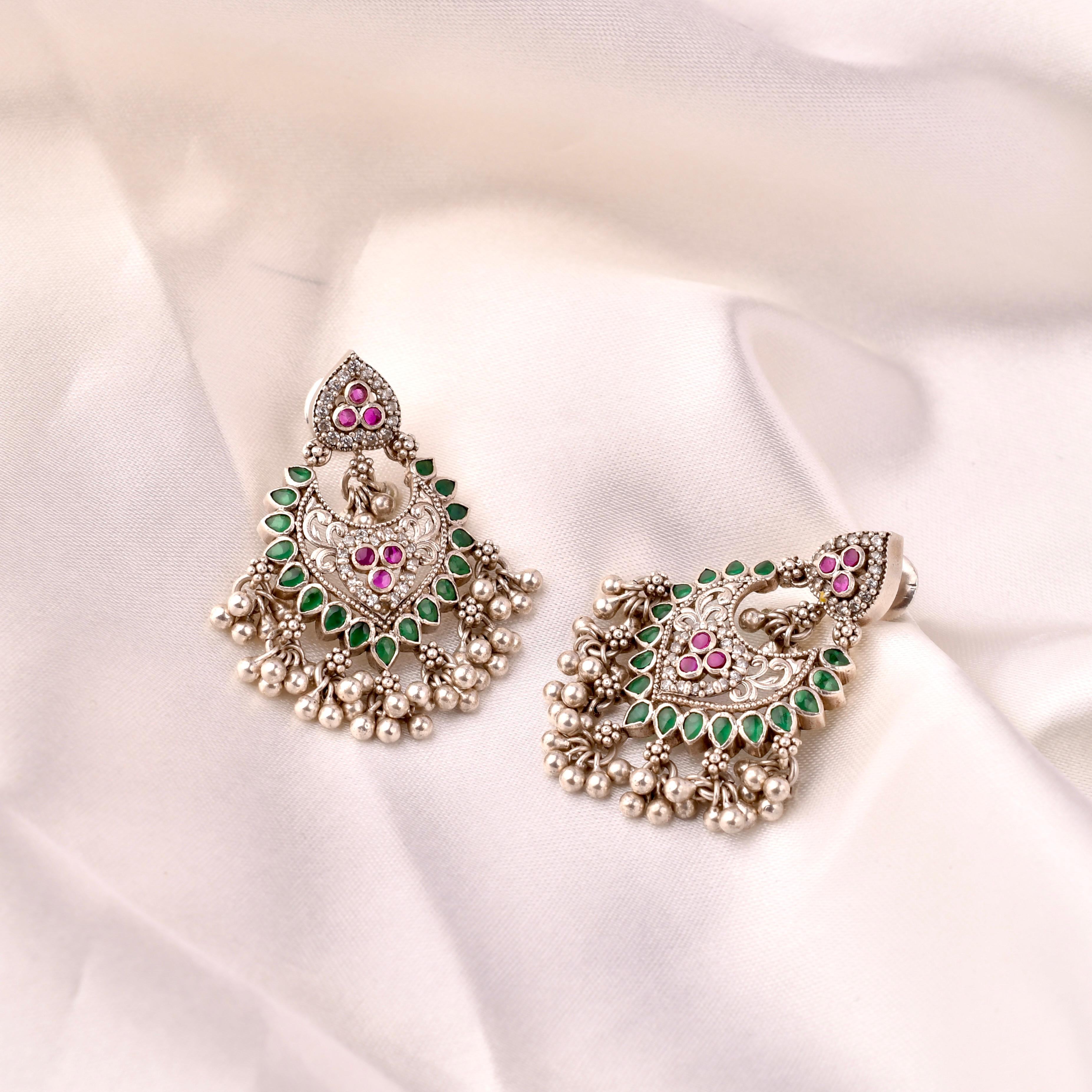 Emerald Noor Chandbali 925 Silver Earrings