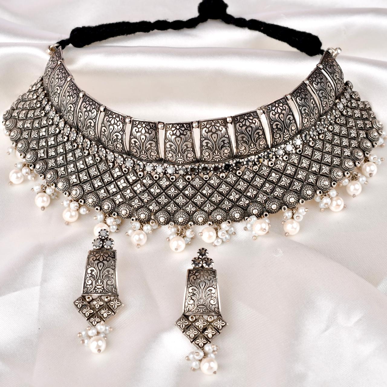 925 Sterling Silver Oxidized Choker Necklace Set with Earrings
