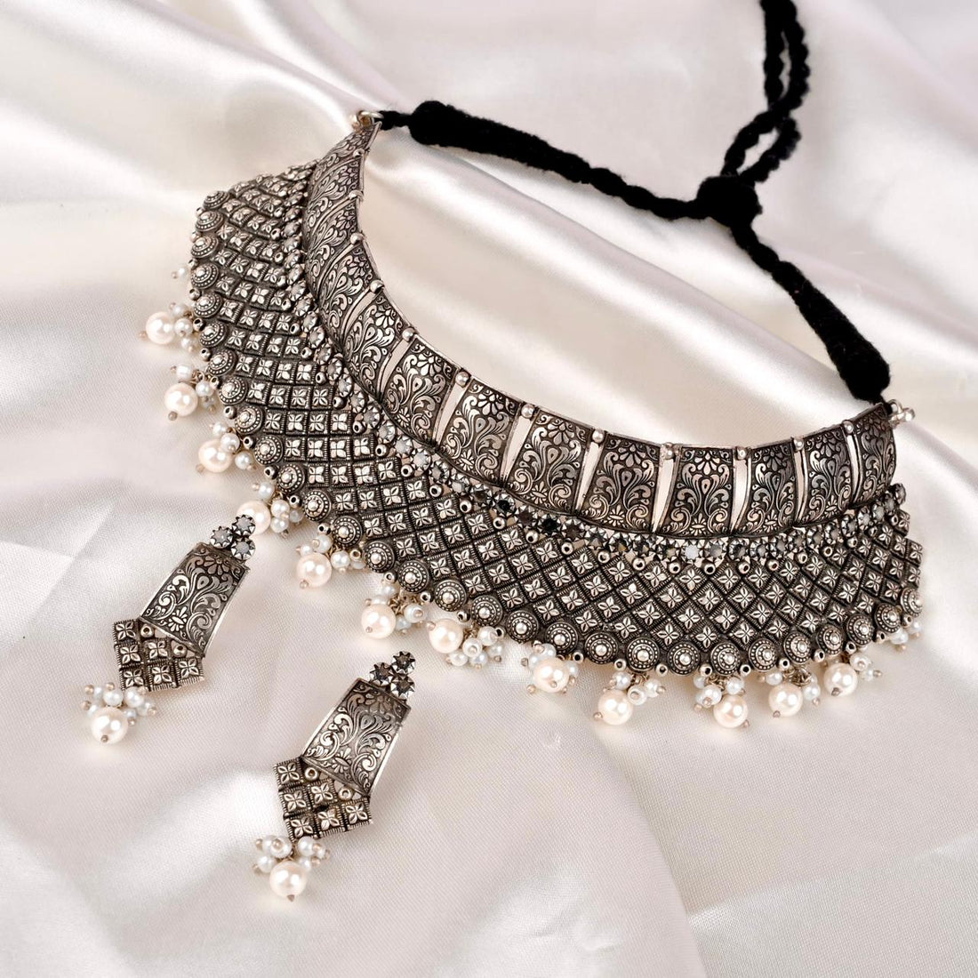 925 Sterling Silver Oxidized Choker Necklace Set with Earrings