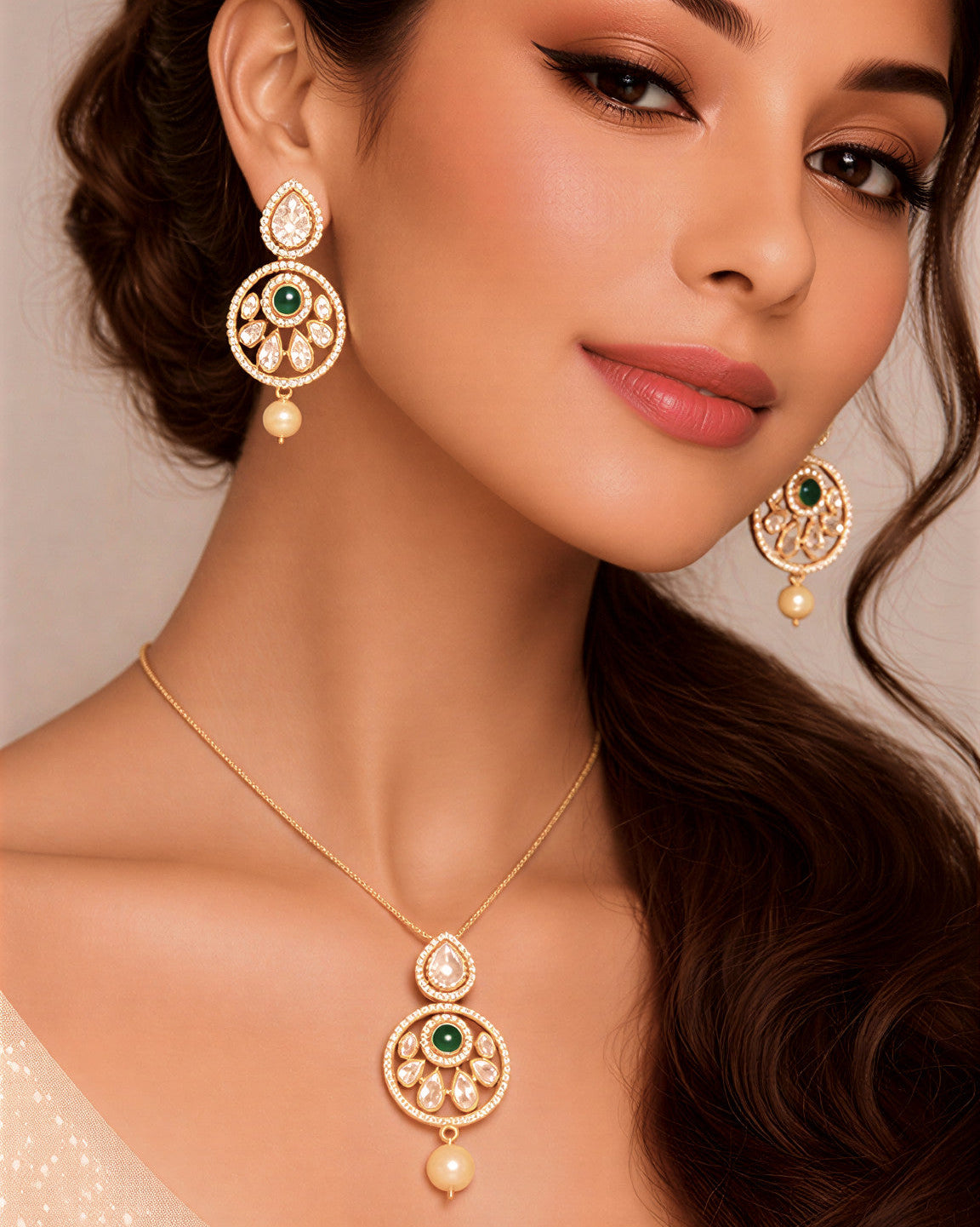 Emerald Moissanite Polki Pendant Set